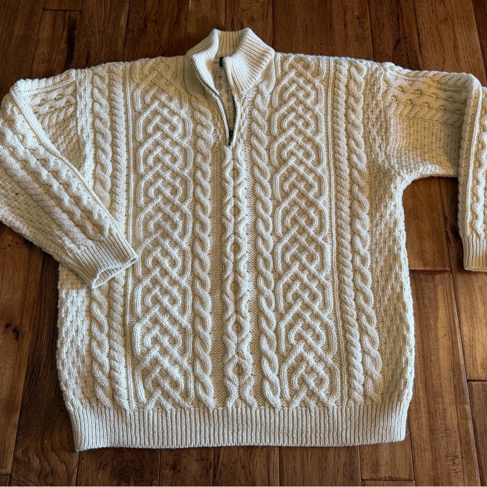 Orvis Cream Cable-Knit Zip Mock Neck Wool Sweater